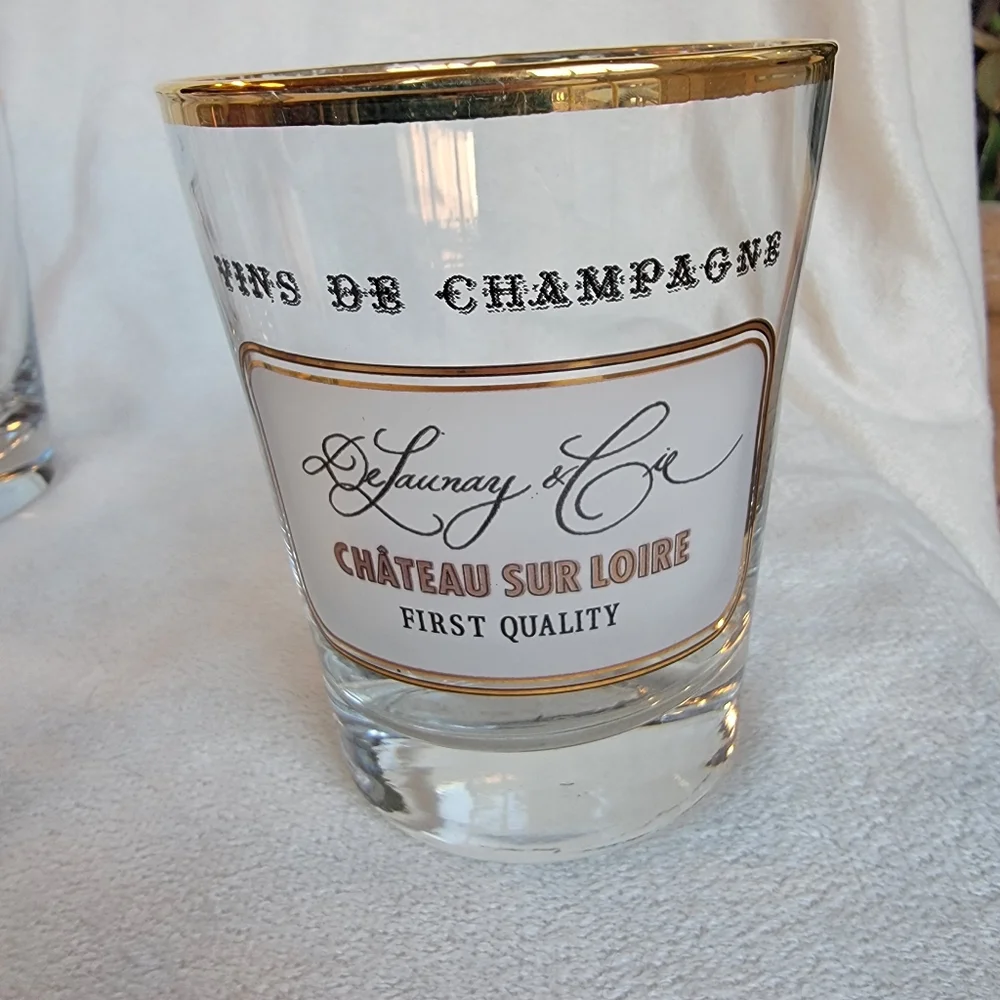 Williams Sonoma 4 Vintage Double Old Fashioned Glasses Gold Rim Cognac Champagne